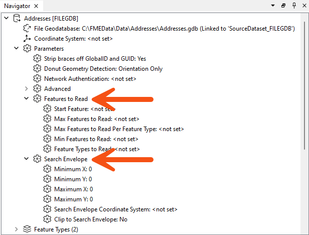The Search Envelope and Features to Read parameters in the Navigator